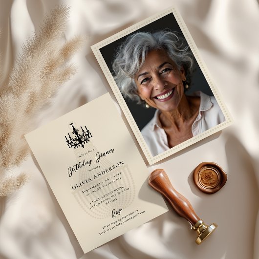 Elegant Chandelier & Photo Birthday Celebration Kaart