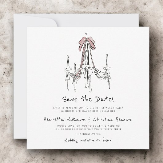 Elegant Chandelier Pink Bow Sketch Save the Date