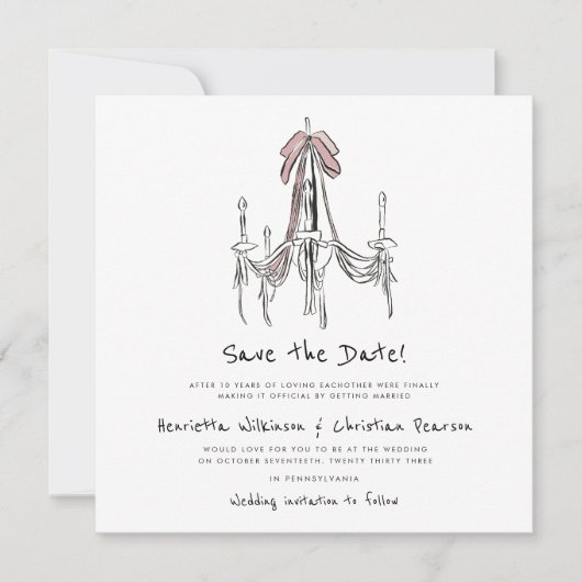 Elegant Chandelier Pink Bow Sketch Save the Date (Voorkant)