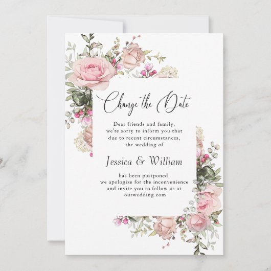 Elegant Change of Date Rozen Wedding Announding Kaart (Voorkant)