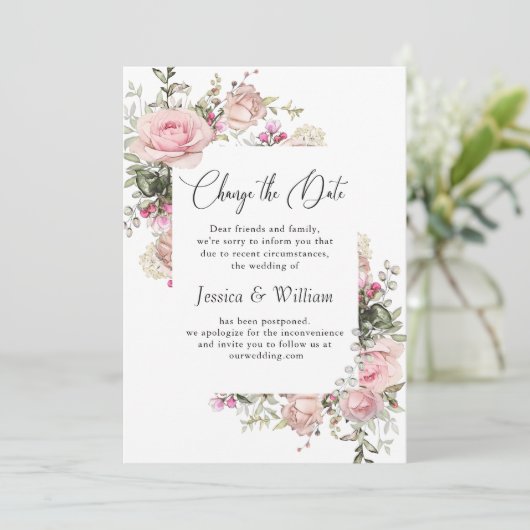 Elegant Change of Date Rozen Wedding Announding Kaart (Staand voorkant)