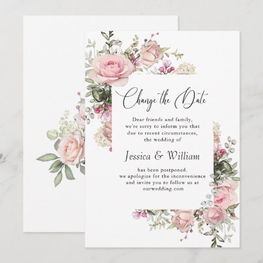 Elegant Change of Date Rozen Wedding Announding Kaart (Voorkant / Achterkant)