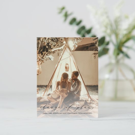 Elegant change of Plans Photo Wedding Postponement Uitnodiging Briefkaart (Staand voorkant)