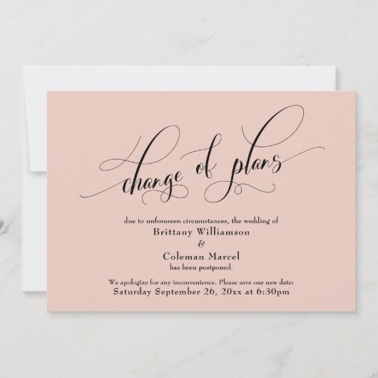Elegant Change Plans Blush Wedding Announcement Kaart (Voorkant)