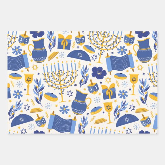 Elegant Chanoeka Patroon Geel en Blauw Gift Inpakpapier Vel (Voorkant 2)