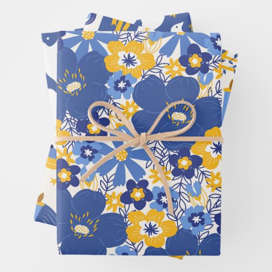 Elegant Chanoeka Patroon Geel en Blauw Gift Inpakpapier Vel (In situ)