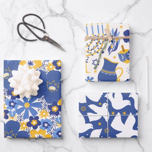 Elegant Chanoeka Patroon Geel en Blauw Gift Inpakpapier Vel (Voorkant)