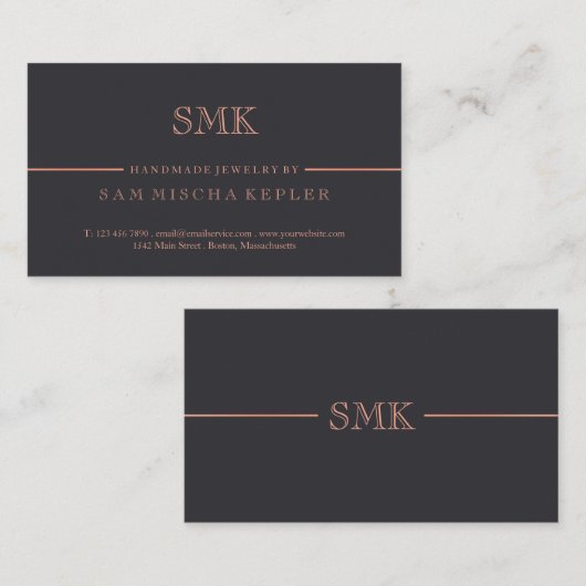 Elegant Charcoal and Roos Gold Monogram Visitekaartje (Voorkant / Achterkant)