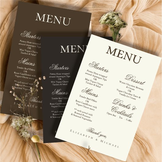 Elegant Charcoal Gold Boho Minimalist Wedding Menu