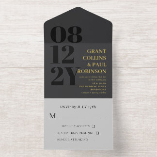 Elegant Charcoal & Gold Typography Wedding All In One Uitnodiging