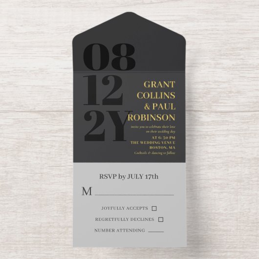 Elegant Charcoal & Gold Typography Wedding All In One Uitnodiging (Binnenkant)