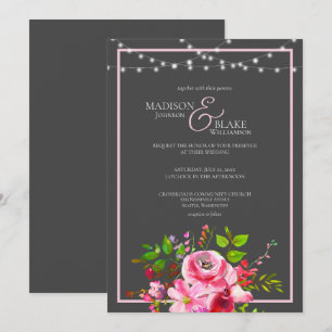 Elegant Charcoal Gray and Pink Wedding Kaart