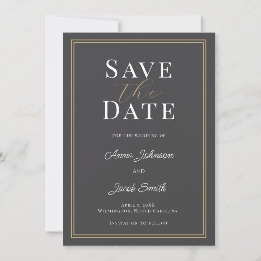 Elegant Charcoal Gray Gold Double Border Wedding  Save The Date (Voorkant)