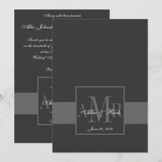Elegant Charcoal Gray Monogram Wedding Invitation Kaart (Voorkant / Achterkant)