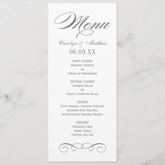 Elegant Charcoal Gray Scroll Wedding Monogram Menu (Voorkant)