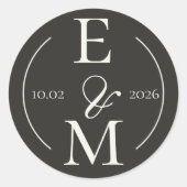 Elegant Charcoal Modern Monogram Date Wedding Ronde Sticker (Voorkant)