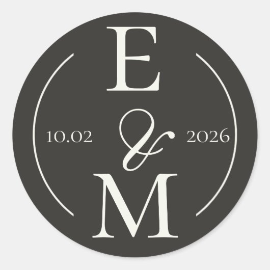 Elegant Charcoal Modern Monogram Date Wedding Ronde Sticker (Voorkant)