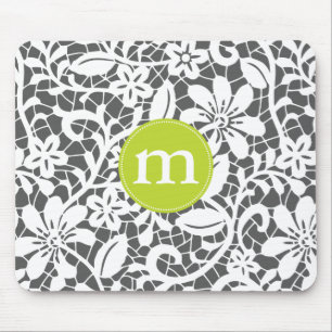 Elegant Charcoal Retro Lace Gepersonaliseerd Monog Muismat