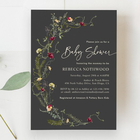 Elegant Charcoal Wildflower Baby shower Invitation Kaart