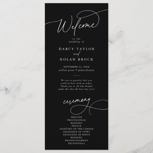 Elegant Charm Flat Donker Zwart Bruiloft Programma Programmakaart (Voorkant)