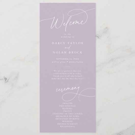 Elegant Charm Flat Lavendel Paarse bruiloft progra Programmakaart (Voorkant)