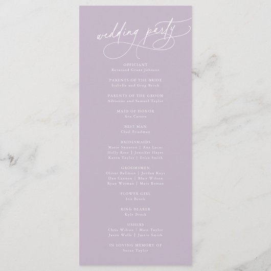 Elegant Charm Flat Lavendel Paarse bruiloft progra Programmakaart (Achterkant)