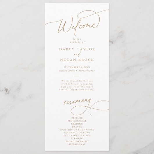 Elegant Charm Flat Wit en Goud Huwelijksprogramma Programmakaart (Voorkant)