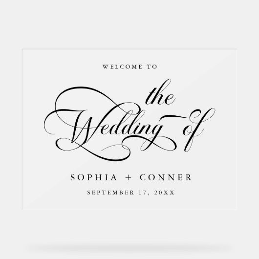 Elegant Charm Script Huwelijk Welkom Acryl Bord (Voorkant)