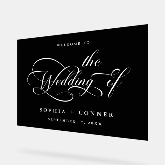 Elegant Charm Script Huwelijk Welkom Zwart Acryl Bord (Hoek)