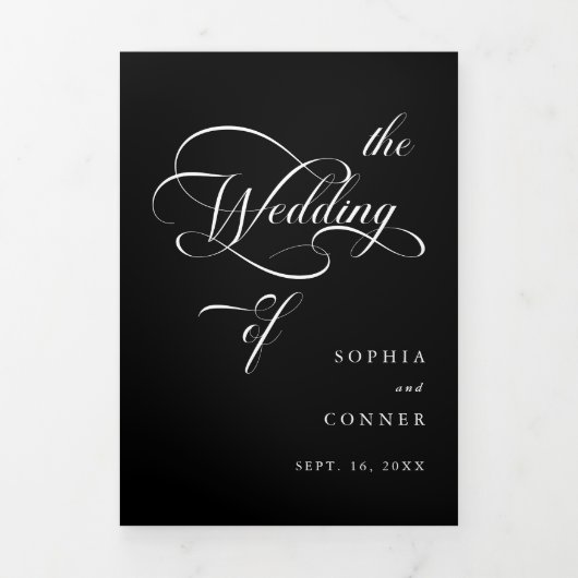 Elegant Charm Script Trouwen Zwart Drieluik Uitnodiging (Cover)