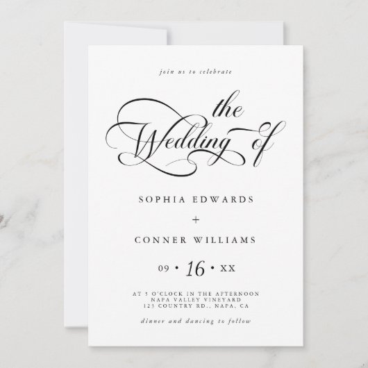 Elegant Charm Script Trouwen Zwart-wit Kaart (Voorkant)