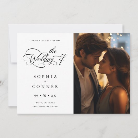 Elegant Charm Script Trouwen Zwart & Wit Save The Date (Voorkant)