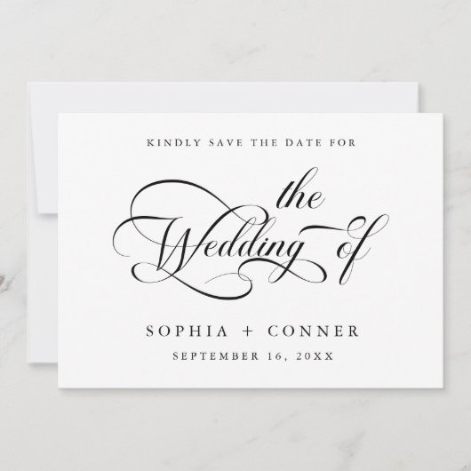 Elegant Charm Script Trouwen Zwart & Wit Save The Date (Voorkant)