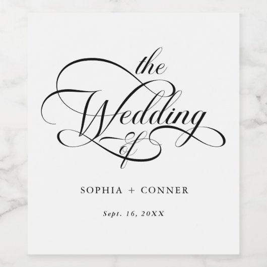 Elegant Charm Script Trouwen Zwart & Wit Wijn Etiket (Enkel label)