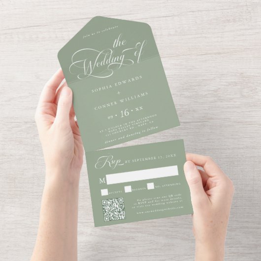 Elegant Charm Script Wedding Sage Green All In One Uitnodiging (Afscheurbaar)