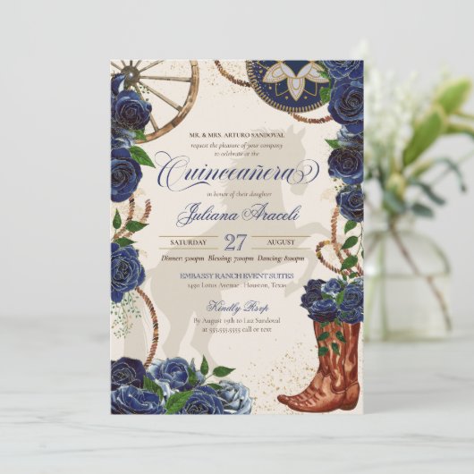Elegant Charro Blue Roos Westerne Boots Quinceaner Kaart (Staand voorkant)