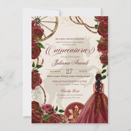 Elegant Charro Burgundy Rozen Western Quinceanera Kaart (Voorkant)