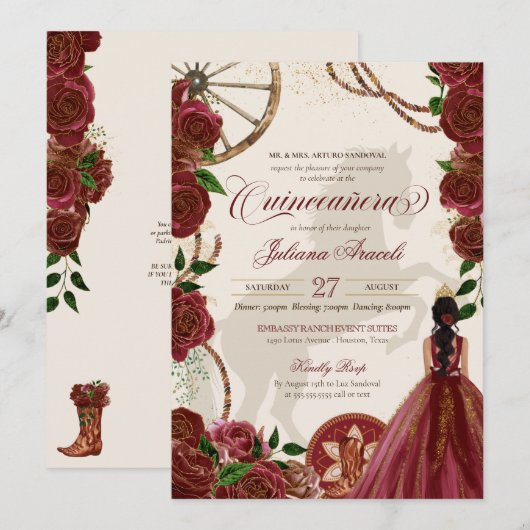 Elegant Charro Burgundy Rozen Western Quinceanera Kaart (Voorkant / Achterkant)