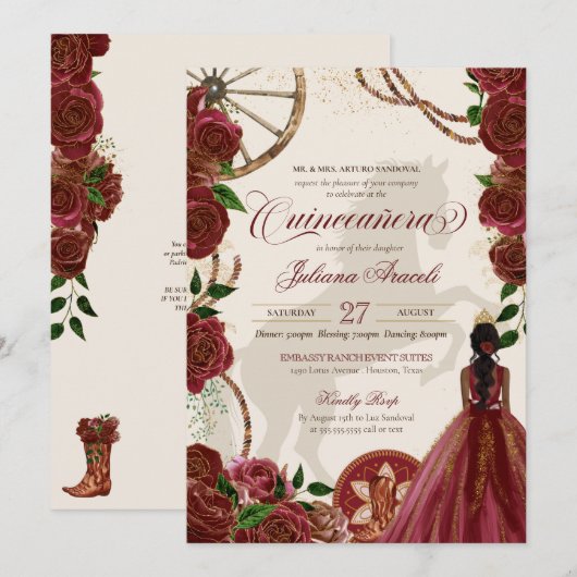 Elegant Charro Burgundy Rozen Western Quinceanera Kaart (Voorkant / Achterkant)