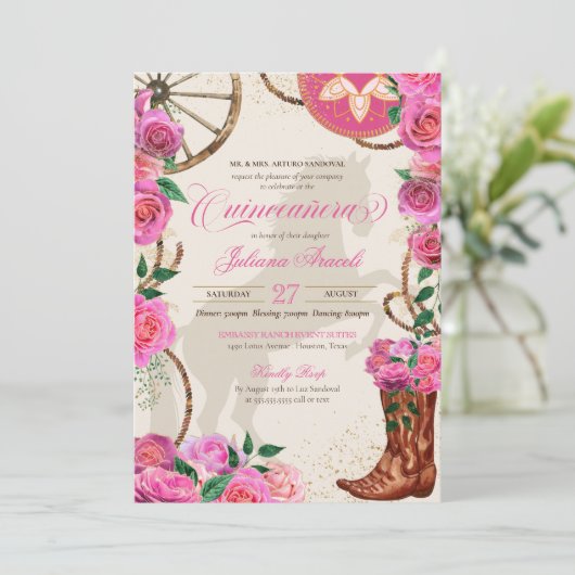 Elegant Charro Pink Rose Westerne Boots Quinceaner Kaart (Staand voorkant)