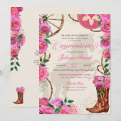 Elegant Charro Pink Rose Westerne Boots Quinceaner Kaart (Voorkant / Achterkant)