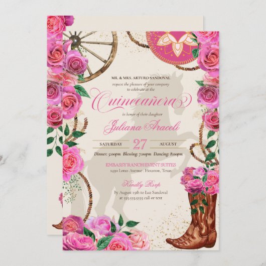 Elegant Charro Pink Rose Westerne Boots Quinceaner Kaart (Voorkant / Achterkant)