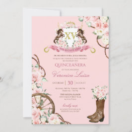 Elegant Charro Quinceanera White Pink Floral Invit Kaart