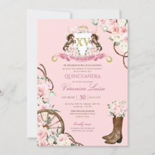 Elegant Charro Quinceanera White Pink Floral Invit Kaart