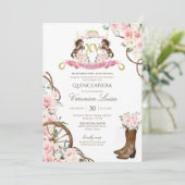 Elegant Charro Quinceanera White Pink Floral Kaart (Staand voorkant)