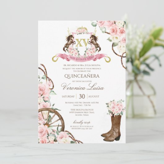Elegant Charro Quinceanera White Pink Floral Kaart (Staand voorkant)