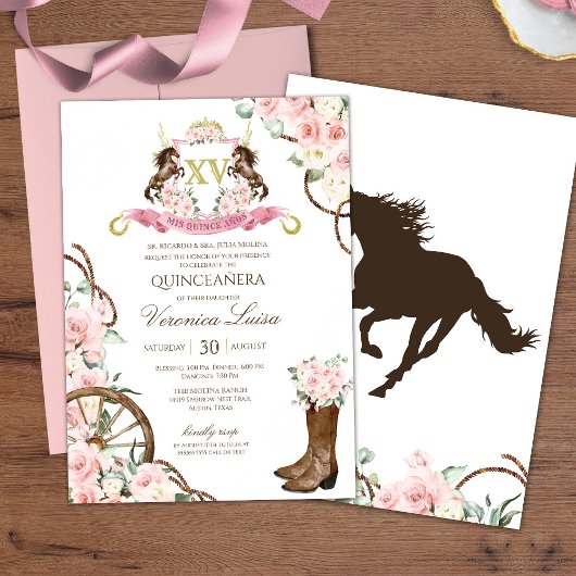 Elegant Charro Quinceanera White Pink Floral Kaart
