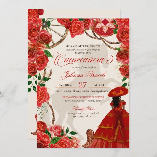 Elegant Charro Red Roses Mariachi Quinceañera Kaart (Voorkant / Achterkant)