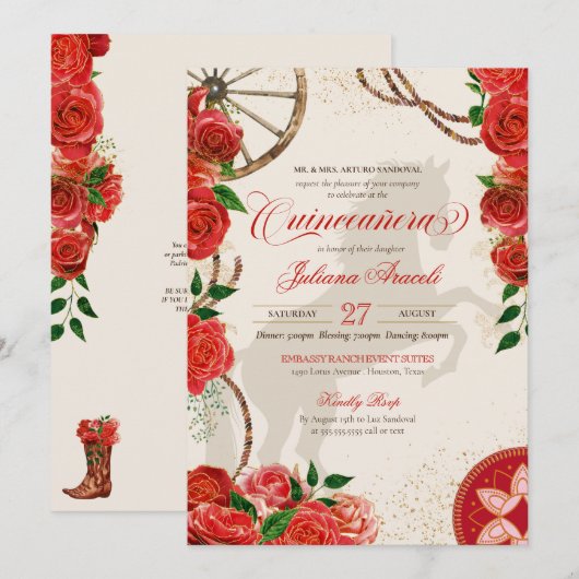 Elegant Charro Red Roses Westerne Ranch Quinceaner Kaart (Voorkant / Achterkant)