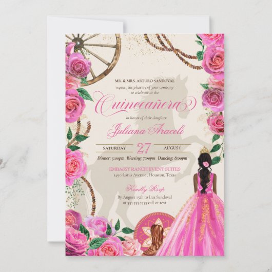 Elegant Charro Roze Westerne Ranch Quinceanera Kaart (Voorkant)